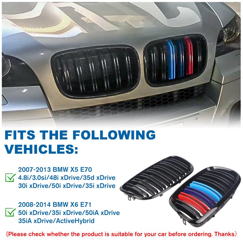 BILLDIO Grill Gloss Black M Color Compatible with 2007-2014 BMW X5 E70 X6 E71 Front Kidney Grille ABS with Double Slats - Image 4